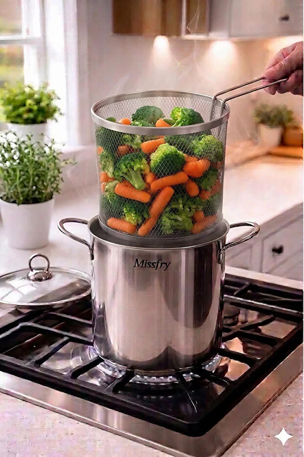 Isı Yalıtımlı Süzgeçli 304 Paslanmaz Çelik Haşlama Kızartma Potu 2 Litre